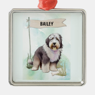 Old English Sheepdog Aquarell personalisierter Hun Ornament Aus Metall