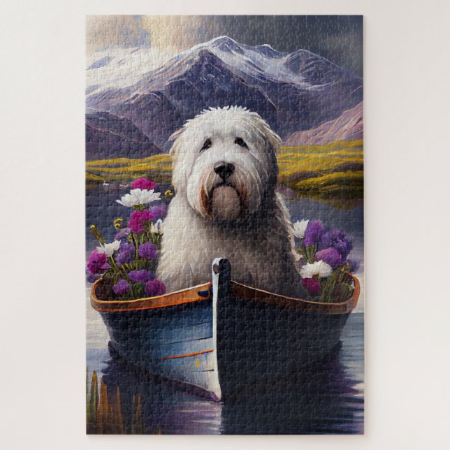 Old English Sheepdog auf Paddle: Ein Landschaftlic (Vertikal)