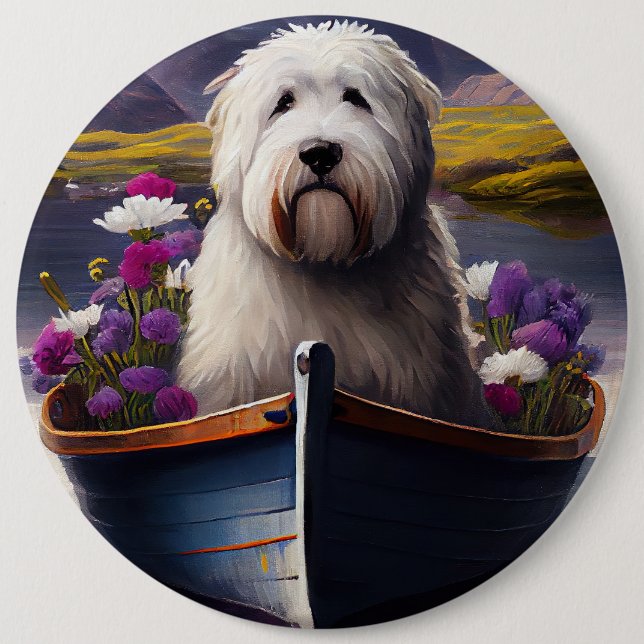 Old English Sheepdog auf Paddle: Ein Landschaftlic Button (Vorderseite)