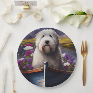 Old English Sheepdog auf Paddle: Ein Landschaftlic Pappteller