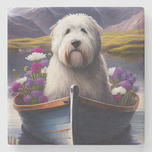 Old English Sheepdog auf Paddle: Ein Landschaftlic Steinuntersetzer