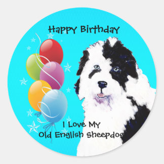 Old English Sheepdog - Birthday Balloon Glossy Runder Aufkleber