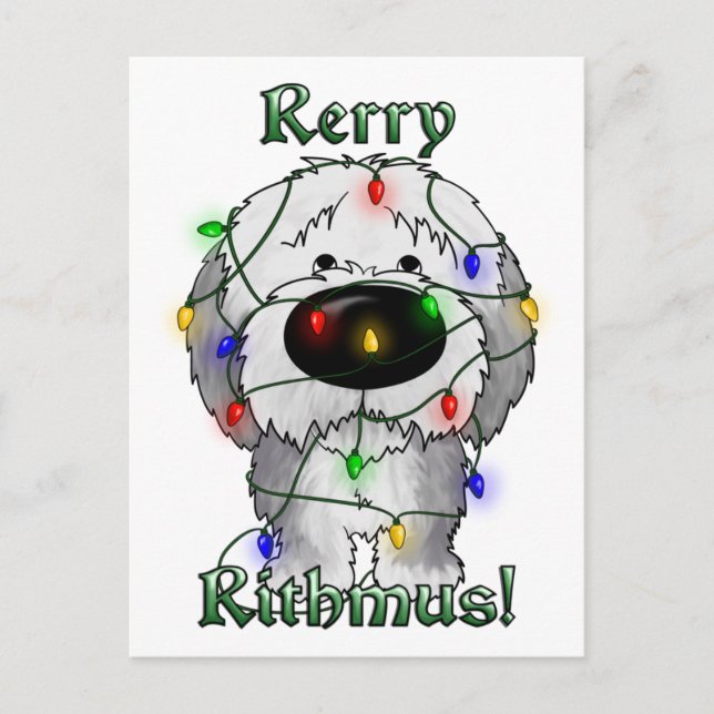 Old English Sheepdog - Christmas Lights Feiertagspostkarte (Vorderseite)