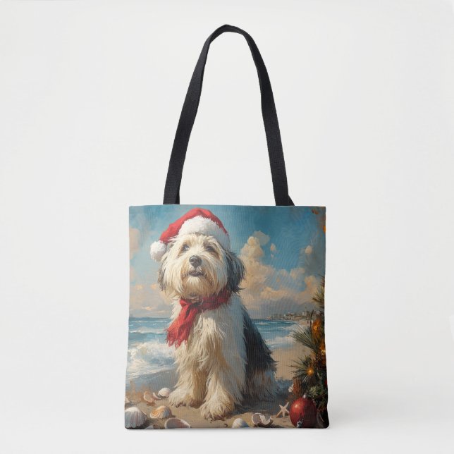 Old English Sheepdog Christmas Vintag Beach Tasche (Vorderseite)