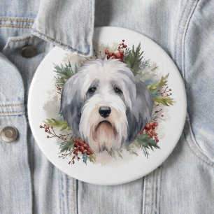 Old English Sheepdog Christmas Wreath Festivals Button