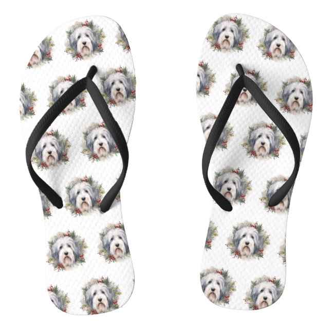 Old English Sheepdog Christmas Wreath Festivals Flip Flops (Fußbett)