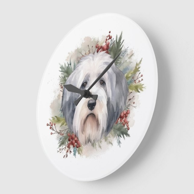 Old English Sheepdog Christmas Wreath Festivals Große Wanduhr (Winkel)