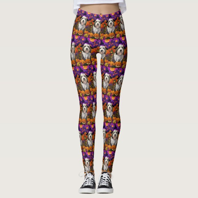 Old English Sheepdog Halloween Hexenkürbis Leggings (Vorderseite)