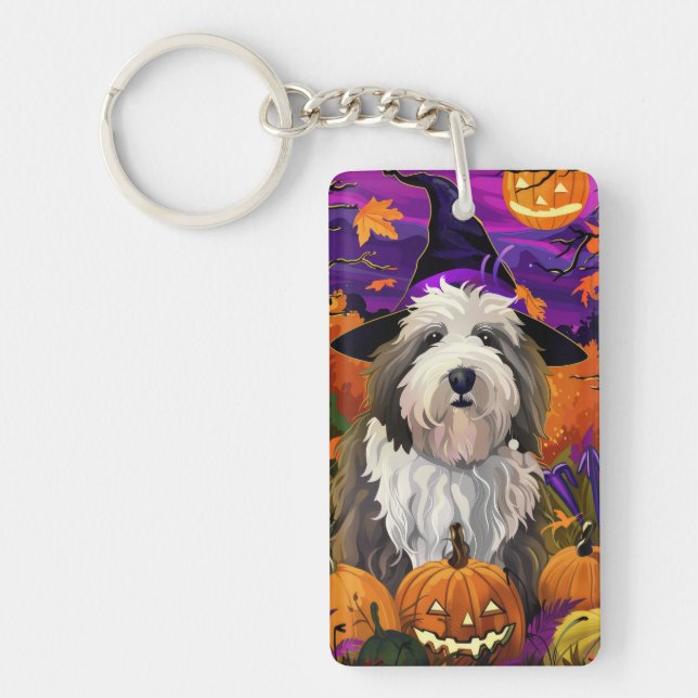 Old English Sheepdog Halloween Hexenkürbis Schlüsselanhänger (Vorderseite)