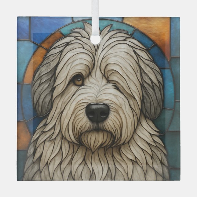 Old English Sheepdog Hund "Stached Glass" Ornament Aus Glas (Vorderseite)