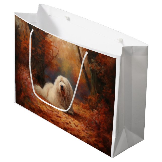 Old English Sheepdog im Herbst Leaves Fall Inspiri Große Geschenktüte (Vorderseite Schrägansicht)