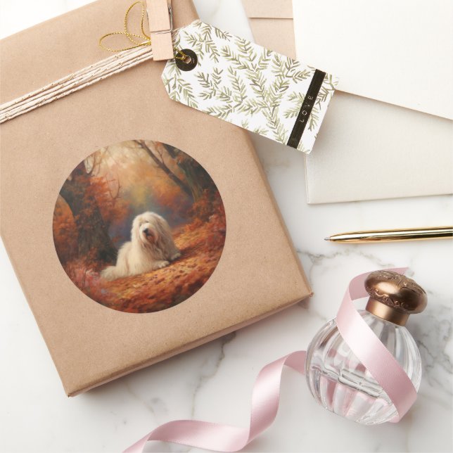 Old English Sheepdog im Herbst Leaves Fall Inspiri Runder Aufkleber (Schenken)