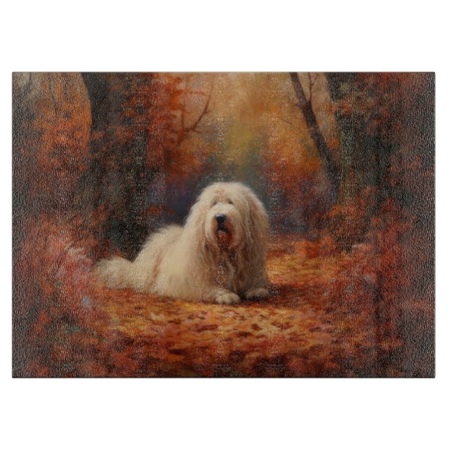 Old English Sheepdog im Herbst Leaves Fall Inspiri Schneidebrett (Vorderseite)