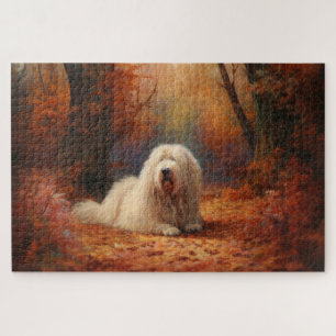 Old English Sheepdog im Herbstlaub Fall Inspiriert