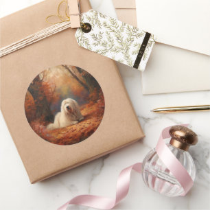 Old English Sheepdog im Herbstlaub Fall Inspiriert Runder Aufkleber