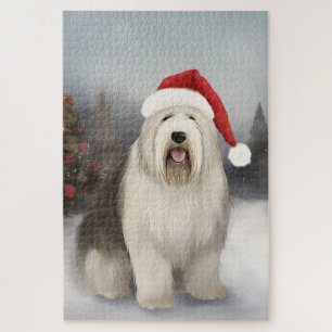 Old English Sheepdog im Schnee Weihnachten
