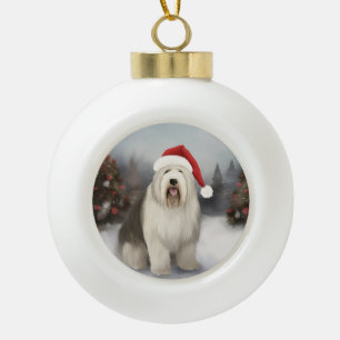 Old English Sheepdog im Schnee Weihnachten Keramik Kugel-Ornament