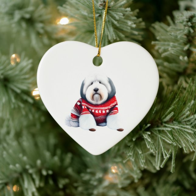 Old English Sheepdog in Christmas Sweater Keramik Ornament (Baum)