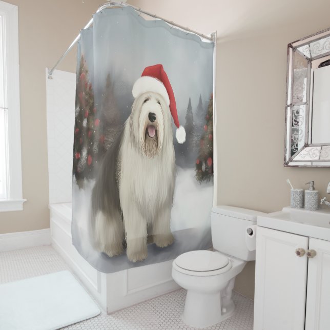 Old English Sheepdog in Snow Christmas Duschvorhang (Beispiel)
