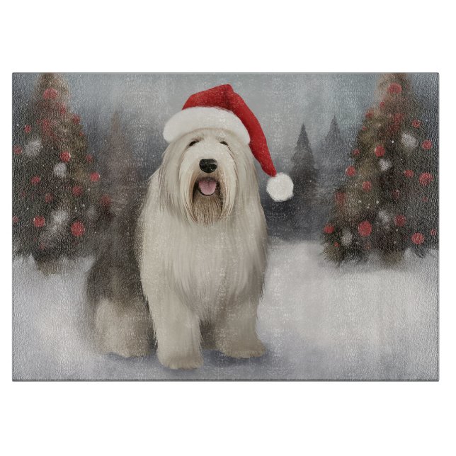Old English Sheepdog in Snow Christmas Schneidebrett (Vorderseite)