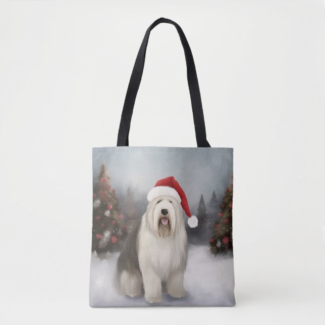Old English Sheepdog in Snow Christmas Tasche (Vorderseite)