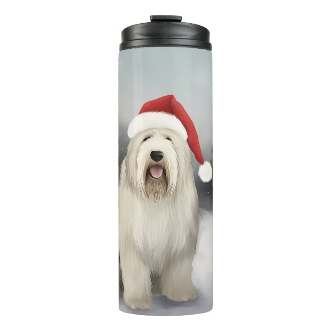 Old English Sheepdog in Snow Christmas Thermosbecher (Vorderseite)
