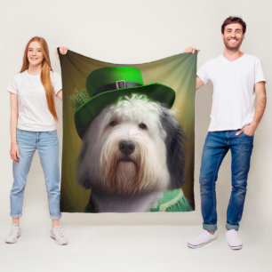 Old English Sheepdog in St. Patrick's Day Dress Fleecedecke