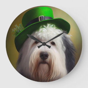 Old English Sheepdog in St. Patrick's Day Dress Große Wanduhr