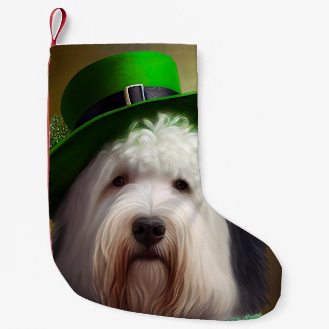 Old English Sheepdog in St. Patrick's Day Dress Kleiner Weihnachtsstrumpf (Vorderseite)
