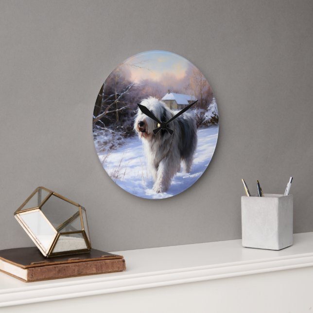 Old English Sheepdog lässt es schlafen Weihnachten Große Wanduhr (Büro)
