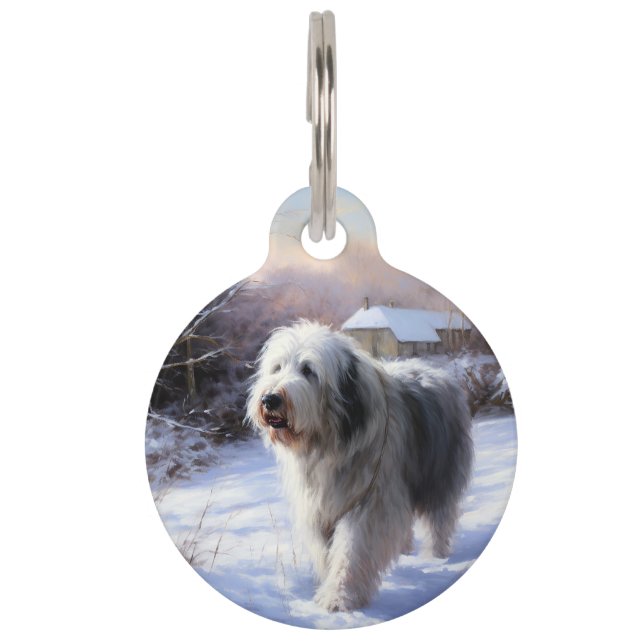 Old English Sheepdog lässt es schlafen Weihnachten Haustiermarke (Vorderseite)