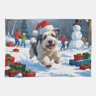 Old English Sheepdog läuft in Snow Weihnachtshut Geschirrtuch