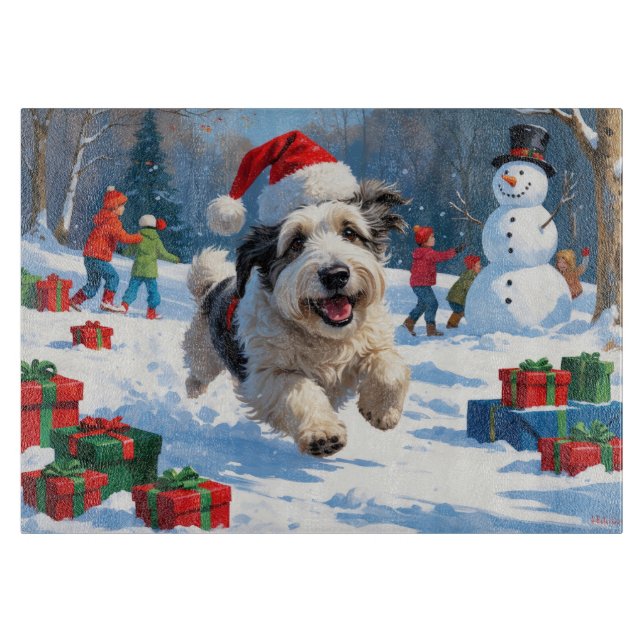 Old English Sheepdog läuft in Snow Weihnachtshut Schneidebrett (Vorderseite)
