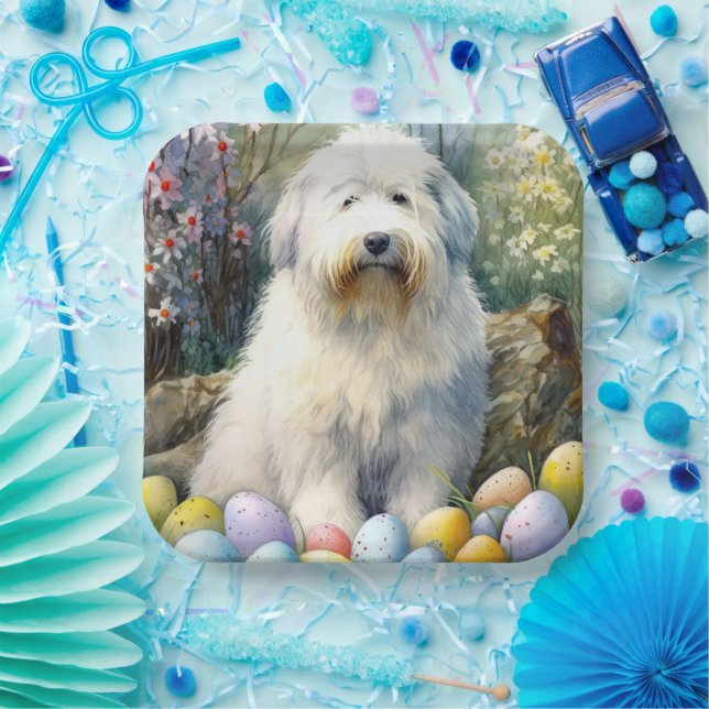 Old English Sheepdog mit Ostereiern Urlaub Pappteller (Party)