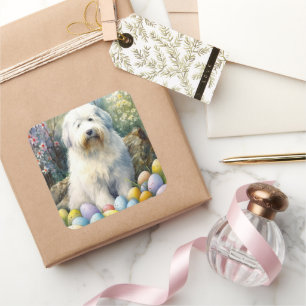 Old English Sheepdog mit Ostereiern Urlaub Quadratischer Aufkleber
