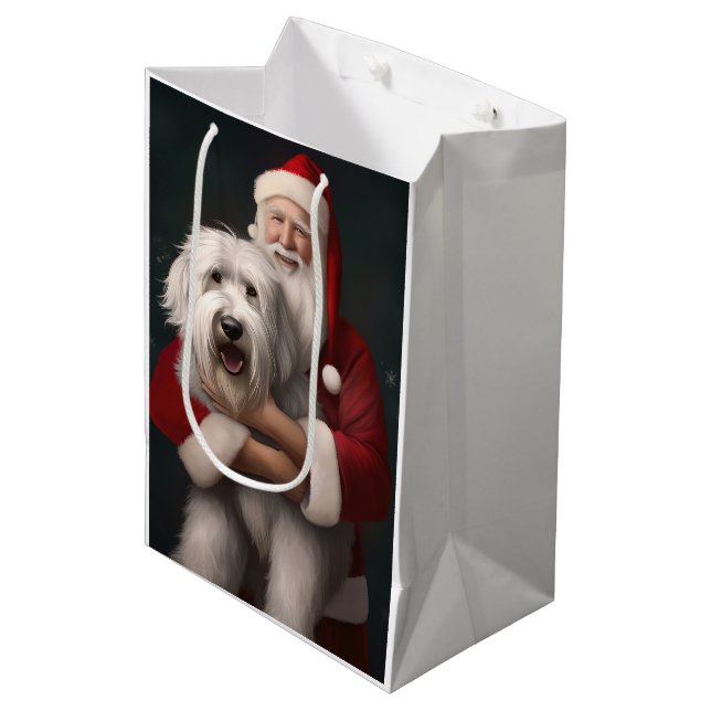 Old English Sheepdog mit Weihnachtsmann feierlich Mittlere Geschenktüte (Vorderseite Schrägansicht)