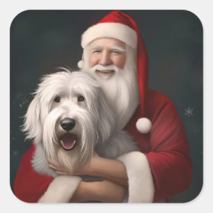 Old English Sheepdog mit Weihnachtsmann feierlich Quadratischer Aufkleber