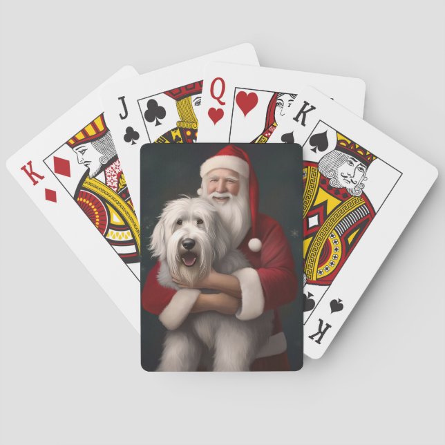 Old English Sheepdog mit Weihnachtsmann feierlich Spielkarten (Rückseite)