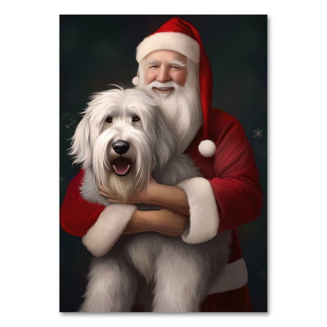 Old English Sheepdog mit Weihnachtsmann feierlich Tischnummer (Vorderseite)