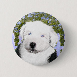 Old English Sheepdog Puppy Painting - Dog Art Button