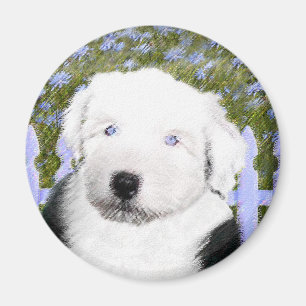 Old English Sheepdog Puppy Painting - Dog Art Magnet
