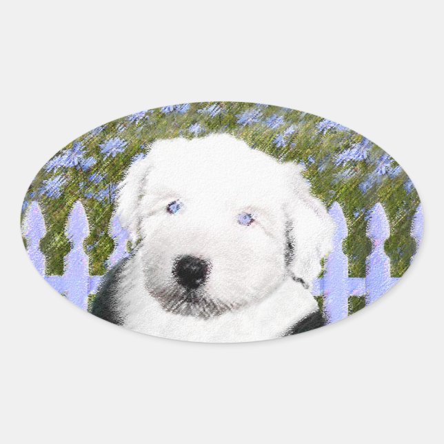 Old English Sheepdog Puppy Painting - Dog Art Ovaler Aufkleber (Vorderseite)
