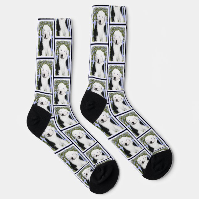 Old English Sheepdog Puppy Painting Dog Art Socken (Rechts)