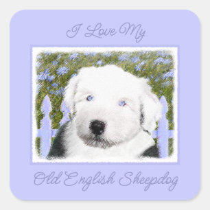 Old English Sheepdog Puppy Painting - Dog Art Squa Quadratischer Aufkleber