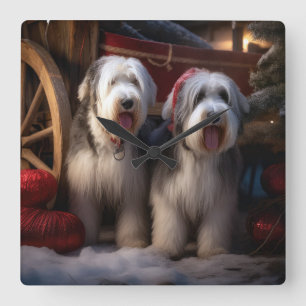 Old English Sheepdog Schnee-Schlitten Weihnachtsde Quadratische Wanduhr