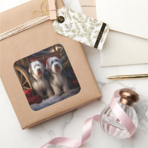 Old English Sheepdog Schnee-Schlitten Weihnachtsde Quadratischer Aufkleber