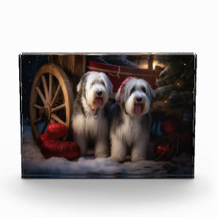 Old English Sheepdog Schneebedeckter Schlitten Wei Fotoblock
