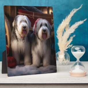 Old English Sheepdog Schneeschlitten Weihnachtsdek Fotoplatte