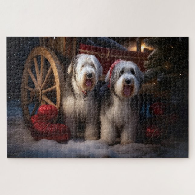 Old English Sheepdog Snowy Sleigh Weihnachtsdekor (Horizontal)