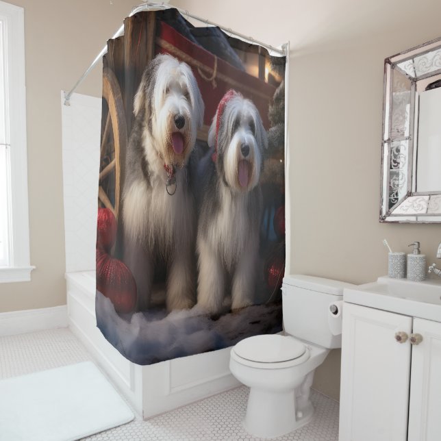 Old English Sheepdog Snowy Sleigh Weihnachtsdekor Duschvorhang (Beispiel)